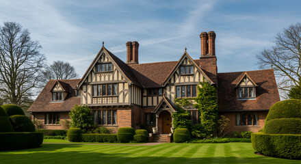 Obraz premium Picturesque Tudor Style Country House with Beautifully Manicured Garden Lawn