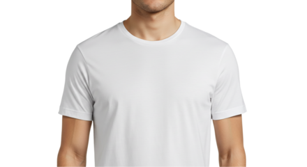 A man wearing a plain white t shirt with short sleeves against a dark background in a studio shot