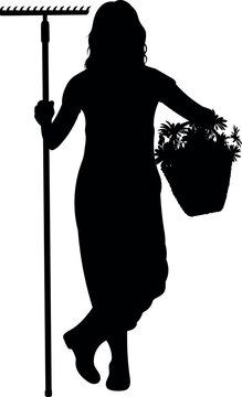 black silhouette woman gardening with rake clip art preview