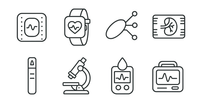 Medical devices icons set – chip, smartwatch, network, cardio, test, microscope, glucometer, monitor