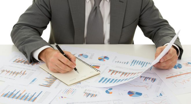 Businessman in gray suit analyzing charts and graphs taking notes in a notebook