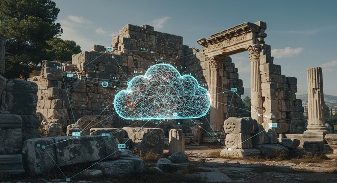 Ancient Ruins with Futuristic Digital Cloud Overlay