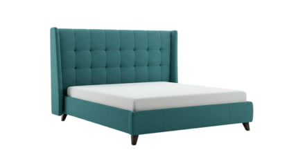 A teal upholstered bed frame with a tall headboard and a white mattress against a black background
