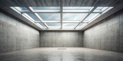 A minimalist space with an empty concrete room and a skylight, illuminating the industrial interior