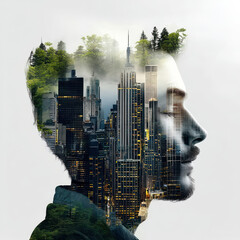 double exposure of man profile with cityscape and forest