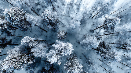 Fototapeta premium Aerial View of Snow Covered Forest in Winter