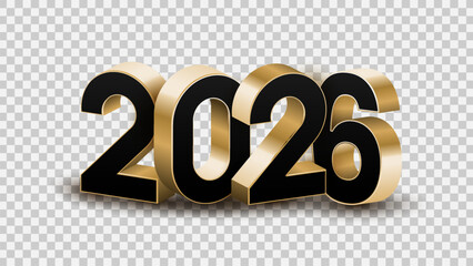 3D gold, white and black 2026 Happy new year letters on transparent, white and black background vector illustration. 2026 3d text vector 
