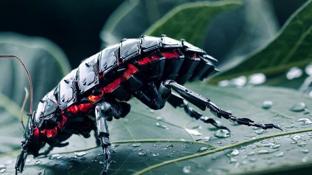 Mechanical insect crawls over rain-dropped leaf, mechanical insect armor flickers red LEDs, scene inspires engineers designing future mechanical insect devices. Concept robotics