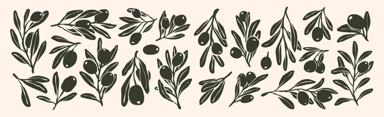 Set of whimsical olive branch with leaves and olive oil logo or olive tree icon, hand drawn olive border botanical medicine herbs in vector format, floral olive frame