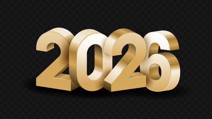 3D gold, white and black 2026 Happy new year letters on transparent, white and black background vector illustration. 2026 3d text vector 