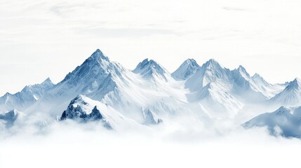Obraz premium Mountain landscape with snow-covered peaks and soft clouds on white background.