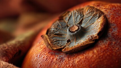 Macro close-up of a ripe, reddish-orange persimmon with detailed texture.