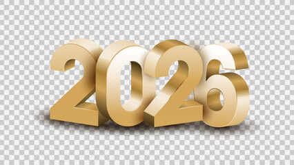 3D gold, white and black 2026 Happy new year letters on transparent, white and black background vector illustration. 2026 3d text vector 