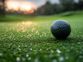 Golf Ball on Dewy Green at Sunset