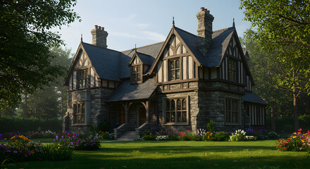 Picturesque Tudor Style Home With Beautiful Garden Landscape