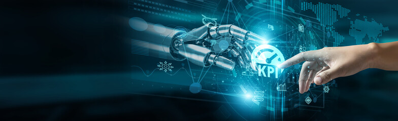 A hand touches the KPIs network, connecting measurable objectives, performance metrics, data collection, analysis, benchmarking, informed decision-making, continuous improvement, and business success.