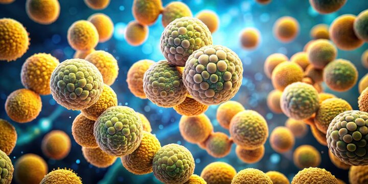 Cluster of spherical Staphylococcus aureus bacteria magnified under a microscope, showing bacterial cell wall structure and chain formation, staphylococcus aureus, microscope