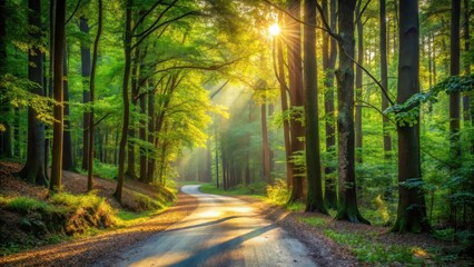 Winding road through a dense forest with tall trees and underbrush, sunlight filters through the leaves creating dappled patterns on the ground , foliage, trails