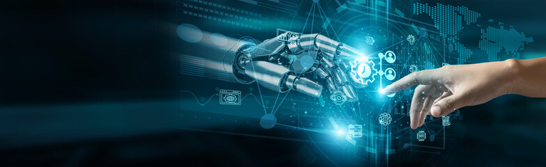 Hand-touch Enterprise Resource Planning (ERP) network connecting financial management, human resources, supply chain management, customer relationship management, and manufacturing project management.