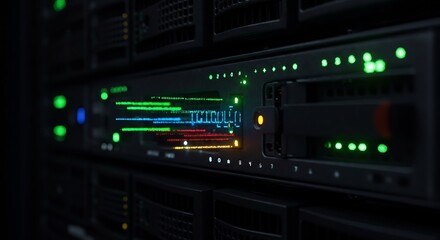 Fototapeta premium Close Up of Illuminated Server Rack in Dark Data Center