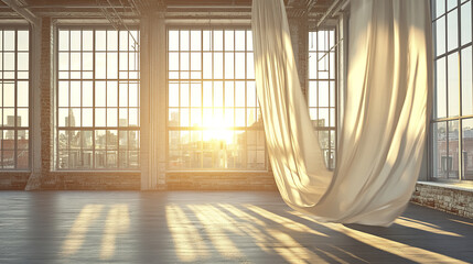 spacious industrial room with large windows and flowing curtains, illuminated by sunset