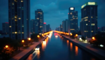 Obraz premium Blurred nocturnal cityscape with indistinct repeating shapes, bokeh, dark