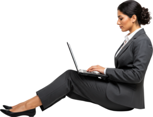 Businesswoman Focused on Laptop Sitting Down Working on Project