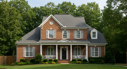 Elegant Brick Home Surrounded By Lush Greenery And Serene Ambience