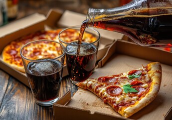 Delicious pizza slice with pepperoni, fresh herbs, and fizzy drink being poured into a glass, perfect for a casual dining experience or celebration