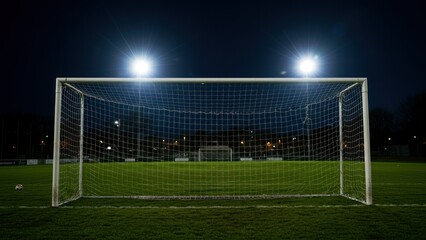 Fototapeta premium Soccer goal on field at night under bright lights