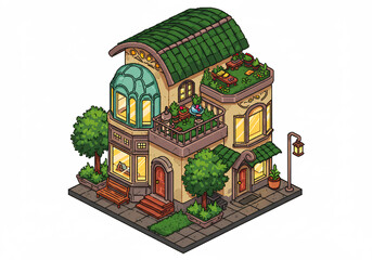 Charming Two Story House with Green Roof and Lush Garden Pixel Art Illustration