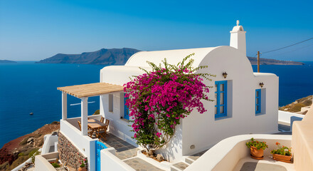 Obraz premium Picturesque Greek Island Villa With Vibrant Bougainvillea And Aegean Sea View