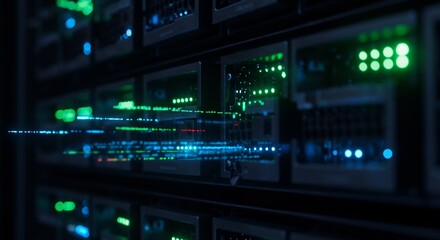 Data Center Server Rack with Glowing Blue and Green Lights