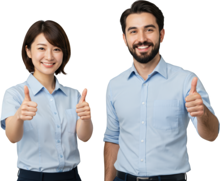 Cheerful Asian Woman and Bearded Man Giving Thumbs Up in Light Blue Shirts