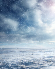 Fototapeta premium Serene Winter Landscape Blue Sky, White Snow, and Falling Snowflakes