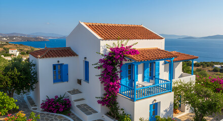 Fototapeta premium Picturesque Greek Island Villa With Bougainvillea Flowers And Turquoise Aegean Sea