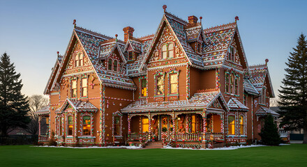 Fototapeta premium Enchanting Gingerbread Victorian House Festive Holiday Architecture