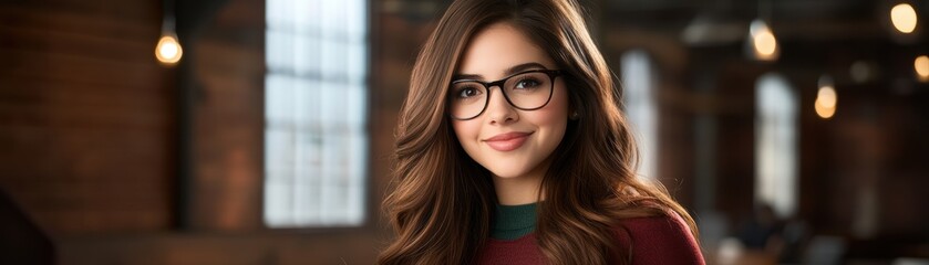 A young woman with glasses smiles warmly in a cozy, well-lit cafÃ© setting, perfect for showcasing a friendly and inviting atmosphere, This image can be used for marketing, blogs