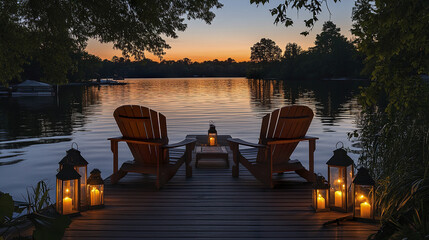 Naklejka premium Relaxing chairs on dock by lake at twilight, surrounded by lanterns and calm water