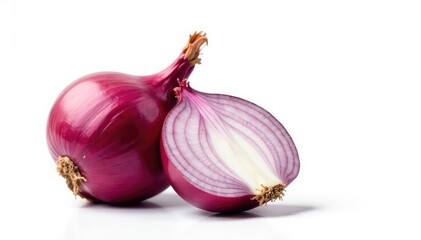 Two red onions, various sizes, clean white backdrop, aroma, two