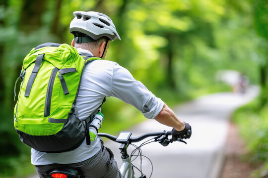 Dynamic scene depicting a man riding a bicycle through a lively urban environment showcasing green commuting practices