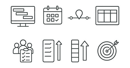 Project management icons set &ndash; gantt, calendar, timeline, matrix, team, tasks, goals