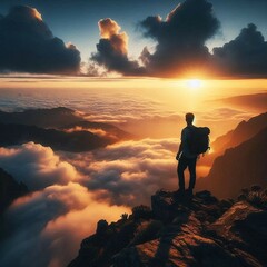 Obraz premium Dawn Horizon from Mountain Peak 3. On a rugged summit, a traveler greets the horizon where night kisses day, rebirthing silent dreams. Mountain summit. Spring season. Exhilarated mood. Generative AI 