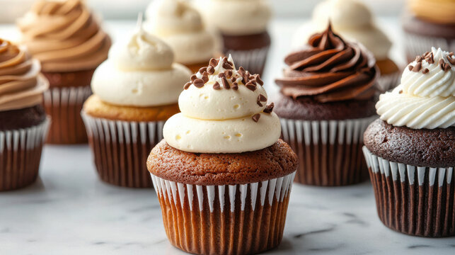 Delicious gourmet cupcakes with creamy frosting and chocolate sprinkles on marble table - Powered by Adobe