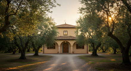 Italian Villa Surrounded By Ancient Olive Trees At Picturesque Sunset