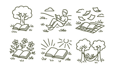 Fototapeta premium Outdoor reading and relaxation icons set – nature, books, relax, trees, sun, hammock, picnic