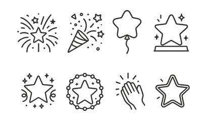 Fototapeta premium Celebration icons set – fireworks, confetti, balloon, trophy, applause, stars