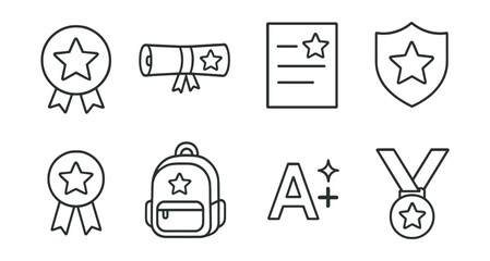 Achievement icons set – medal, diploma, certificate, shield, badge, backpack, a+, ribbon