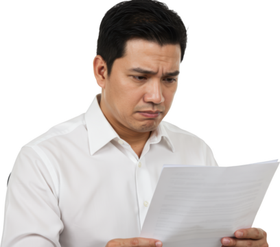 Concerned Asian Man Scrutinizing Document with Frowning Expression and White Shirt