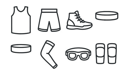 Sportswear and accessories icons set – tank top, shorts, sneakers, wristbands, arm sleeve, goggles, slippers